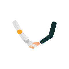 Man, business man and robot shaking hands, artificial intelligence concept, flat cartoon vector illustration isolated on white background. Man and robot shaking hands, reaching agreement