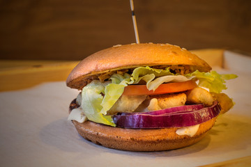 Very tasty burger with a juicy meatball