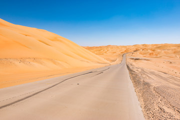 Fototapeta na wymiar Asphalt road between desert sand.