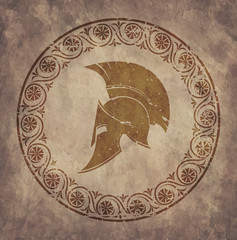 Spartan helmet an icon on old paper in style grunge, is issued in antique Greek style.
