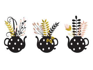 Set of bouquets in teapots