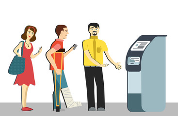Queue at the ATM.Disgruntled people are standing in line for an isolated background.a man on crutches in the queue.terminal machine bank.withdrawing money from ATM.Banking concept vector