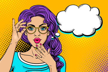Wow female face. Sexy surprised young woman in glasses with open mouth and bright curly hair and empty speech bubble. Vector colorful background in pop art retro comic style. Party invitation poster. - 187332078