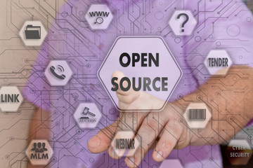 The businessman chooses OPEN SOURCING, presses a button on the touch screen in the global network