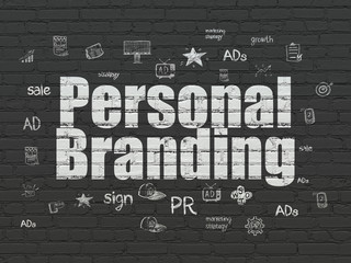Advertising concept: Painted white text Personal Branding on Black Brick wall background with  Hand Drawn Marketing Icons