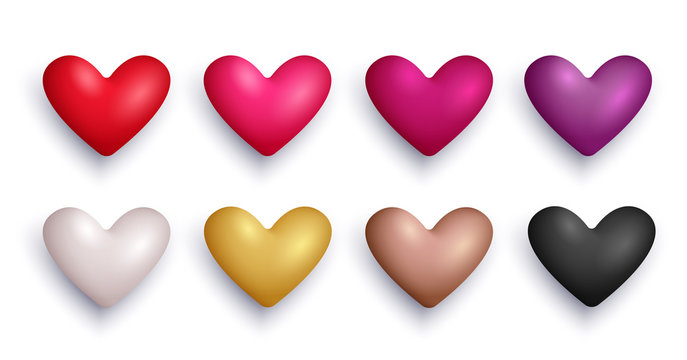 Set of 3d vector hearts for Valentine's day. Red, pink, purple, violet, white, gold, black colors.