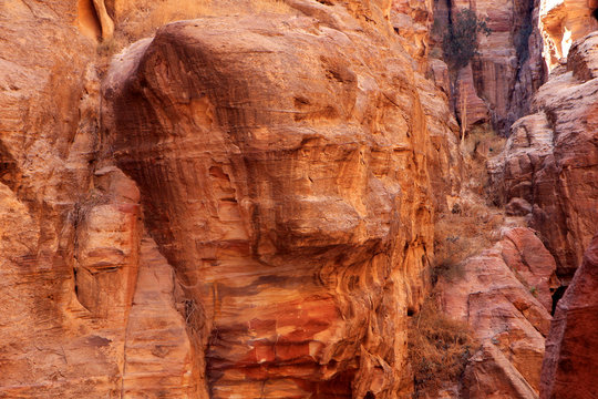 The walls of the Siq, narrow passage that leads to Petra, Jordan