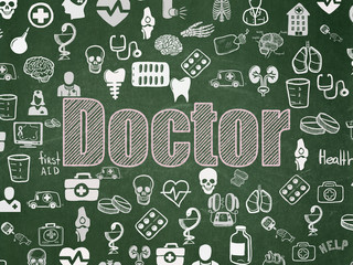Medicine concept: Chalk Pink text Doctor on School board background with  Hand Drawn Medicine Icons, School Board