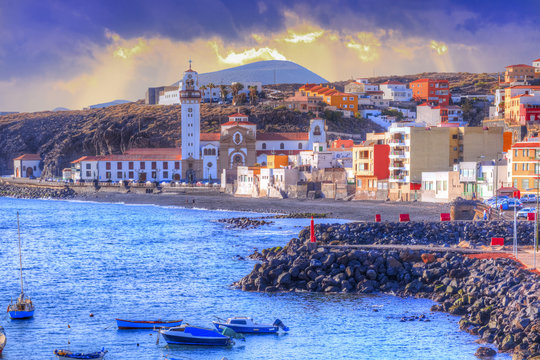 Beautiful panoramic view of Candelaria cityscape with traditional architecture of religious basilica in Tenerife, Canary island, Spain