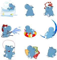 Gordijnen Set of Vector Cartoon Illustration. Cute Hippo for you Design © liusa