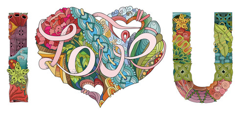 Words I LOVE YOU. Vector decorative zentangle object