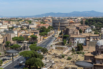Fototapeta na wymiar Panoramic view of City of Rome from the roof of Altar of the Fatherland, Italy