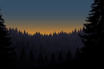 Vector illustration of a landscape with a forest under the morning sky