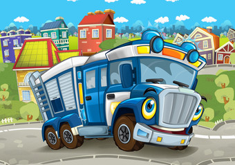 cartoon funny looking policeman truck driving through the city - illustration for children