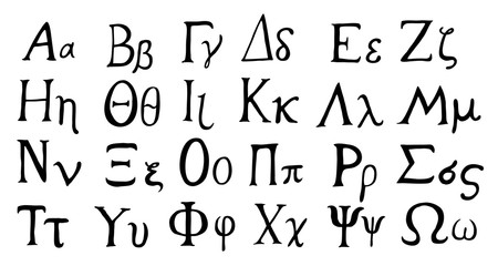 Hand drawn Greek alphabet,  black isolated on white background.