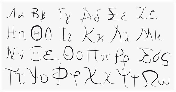Hand drawn Greek alphabet,  black isolated on white background.