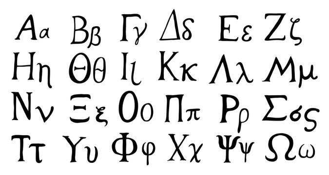 Hand drawn Greek alphabet,  black isolated on white background.