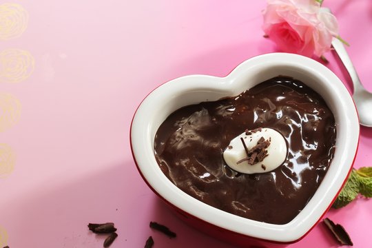 Homemade Chocolate Pudding In Heart Shaped Ramekin/ Valentines Day Dessert