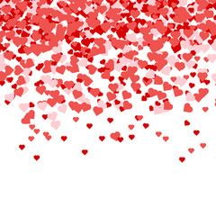 Heart confetti of Valentines petals falling on white background.