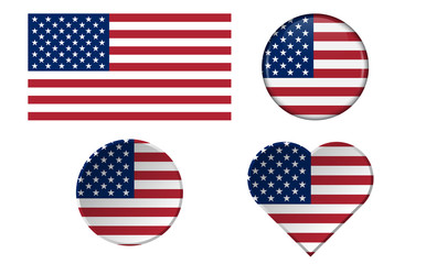Set of American flags in different shapes with frame.