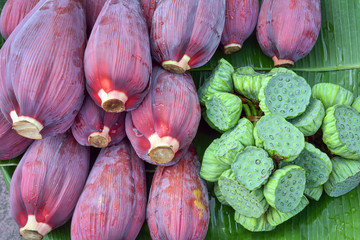 Fototapeta na wymiar .Lotus pod and banana blossom sale in fresh market.