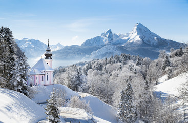Church of Maria Gern with Watzmann mountain in winter, Berchtesgadener Land, Bavaria, Germany
