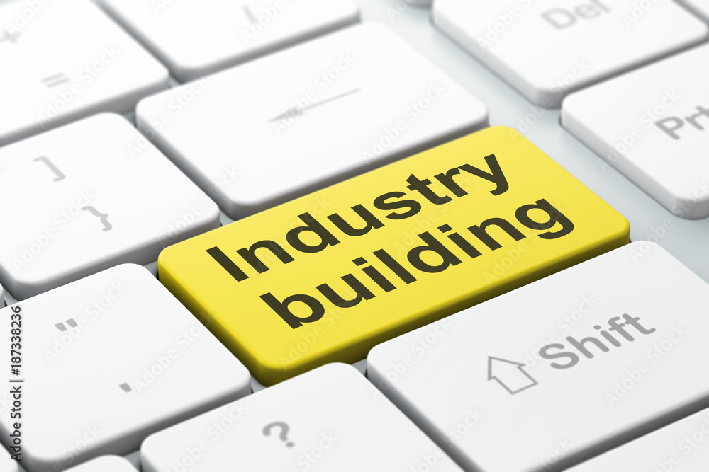 Aufkleber industry concept: computer keyboard with word industry building, selected focus on enter button back