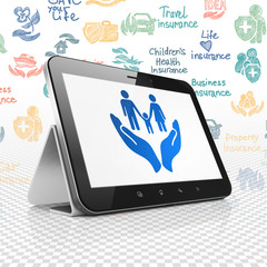 Insurance concept: Tablet Computer with  blue Family And Palm icon on display,  Hand Drawn Insurance Icons background, 3D rendering