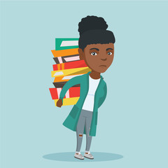 Young african-american tired student carrying a heavy pile of books on back. Disappointed student walking with a huge stack of books. Concept of education. Vector cartoon illustration. Square layout.