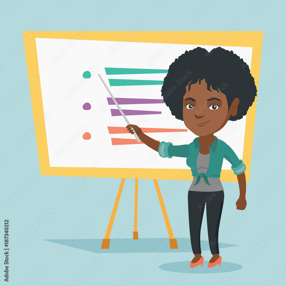 Poster young african-american teacher standing in front of board with pointer. smiling teacher or student p