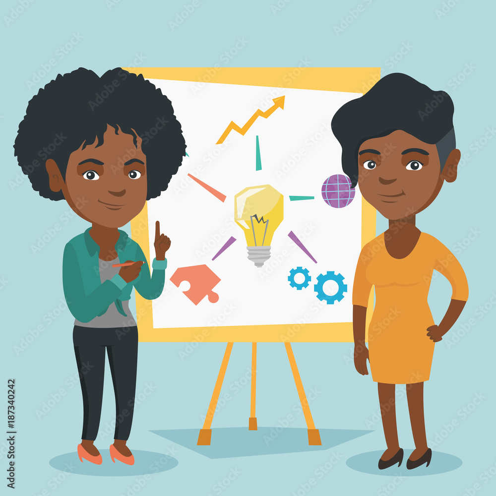 Poster young african-american student explaining a project to a professor. group of students working on a p