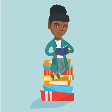 Young african-american student sitting on a huge pile of books and holding a book in hands. Happy student sitting on the stack of books and reading a book. Vector cartoon illustration. Square layout.