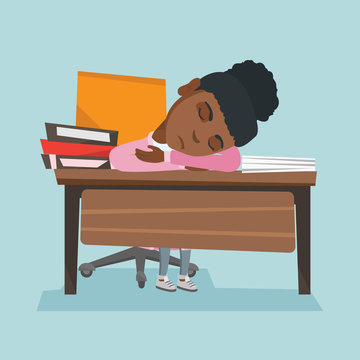 Fatigued african-american student sleeping on the desk with books. Young  tired student sleeping after learning on the table among books. Education  concept. Vector cartoon illustration. Square layout. Stock Vector | Adobe  Stock