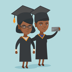 Young happy african-american graduates making selfie. Cheerful graduates in cloaks and graduation caps making selfiewith a smartphone. Vector cartoon illustration. Square layout.