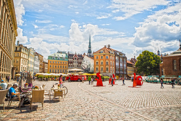 RIGA, LATVIA - AUGUST 27, 2017: Famous places and building architecture of Riga city. Riga, Latvia - August 27. - obrazy, fototapety, plakaty