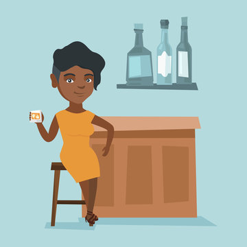 African-american woman sitting at the bar counter and celebrating with alcohol drink. Young happy woman relaxing in the bar with a glass of alcohol drink. Vector cartoon illustration. Square layout.