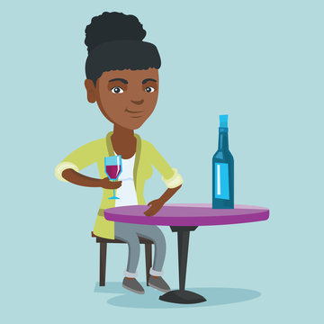African woman sitting at the table with a glass and a bottle of wine. Young woman drinking wine in the restaurant. Woman enjoying a drink at the wine bar. Vector cartoon illustration. Square layout.