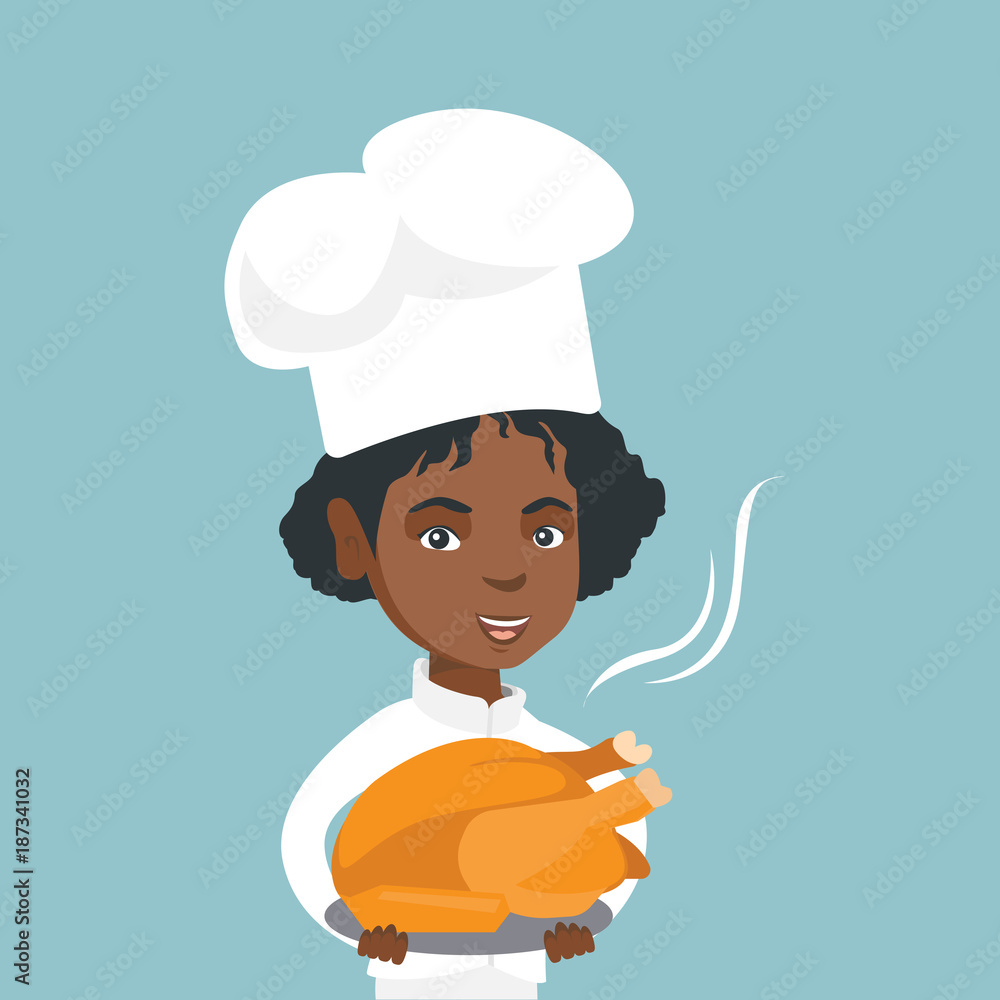 Wall mural young african-american chief cook in uniform and hat holding plate with roasted chicken. smiling fem