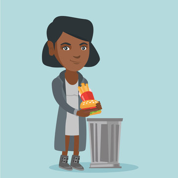 Young african-american woman putting junk food into a trash can. Smiling woman throwing out unhealthy junk food. Concept of healthy lifestyle and nutrition. Vector cartoon illustration. Square layout.