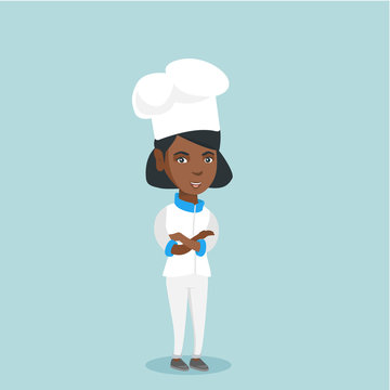 Cheerful african-american chief cook in uniform and hat standing with arms  crossed. Full length of young smiling female chief cook with folded arms.  Vector cartoon illustration. Square layout. Stock Vector | Adobe