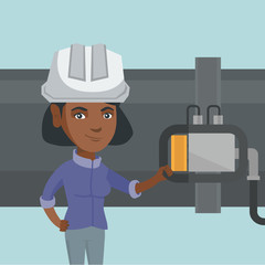 Young african operator of oil refinery plant checking the detector on the pipeline. Technician of oil refinery plant in hard hat maintaining the pipeline. Vector cartoon illustration. Square layout.