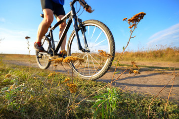 Plakat Male cyclist driving by rural dirt road outdoors. Low angle view