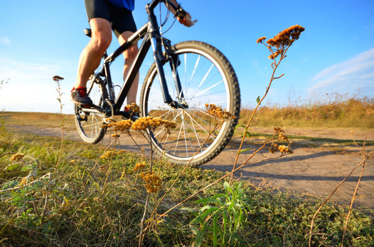 Male cyclist driving by rural dirt road outdoors. Low angle view © Mikhailov Studio