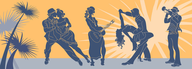 Salsa dance vector.Tango couple vector. Couple dancing salsa. Argentine tango.Web background salsa latino.Salsa music party banner.Set of couple dancing tango.Retro style.Silhouettes of people dancing - obrazy, fototapety, plakaty
