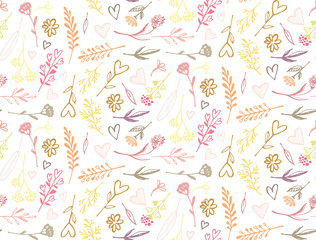 Fototapeta na wymiar Hand drawn doodle pattern with flower, leaf, heart.