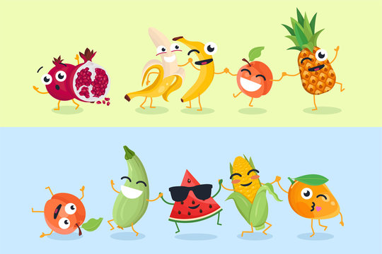 Funny fruit and vegetables - set of vector cartoon characters illustrations