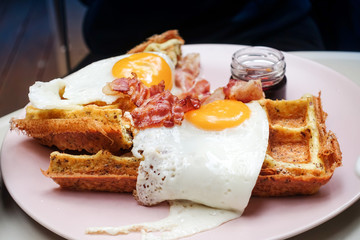 delicious Waffle with fresh egg and ham