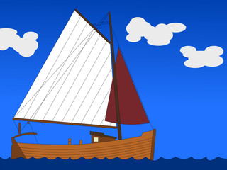 small sailing boat in the blue sky with clouds