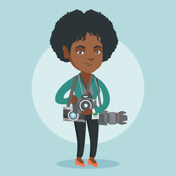 Young african-american photographer standing with many photo cameras equipment. Full length of a professional photojournalist with a lot of photo cameras. Vector cartoon illustration. Square layout.