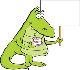 Cartoon illustration of an alligator holding a piece of cake and a sign.